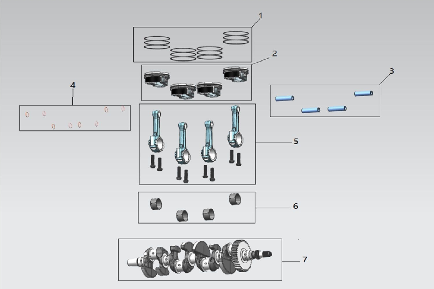 5 - VUE VILEBREQUIN - BIELLE - PISTON ET SEGMENTATION